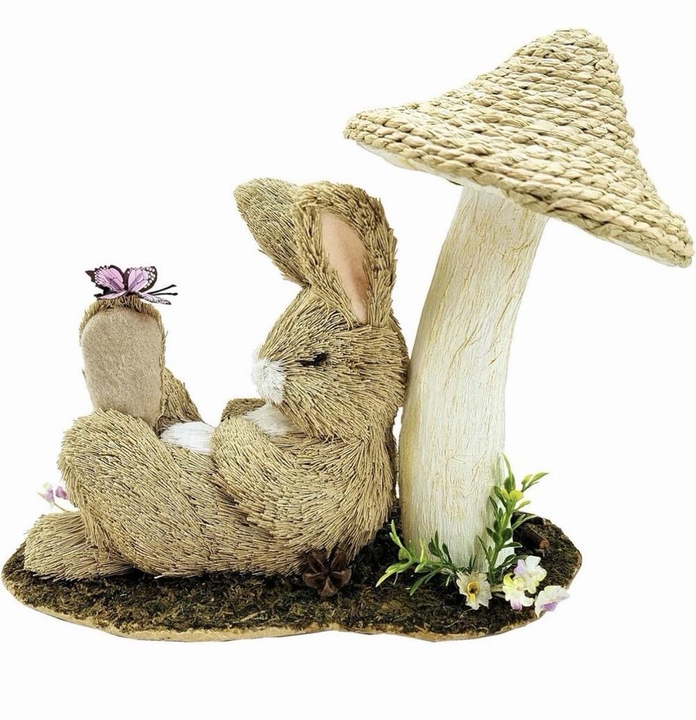 8.9 Inches Sisal Bunny Easter Decor,Natural Easter Bunny Resting under Mushroom